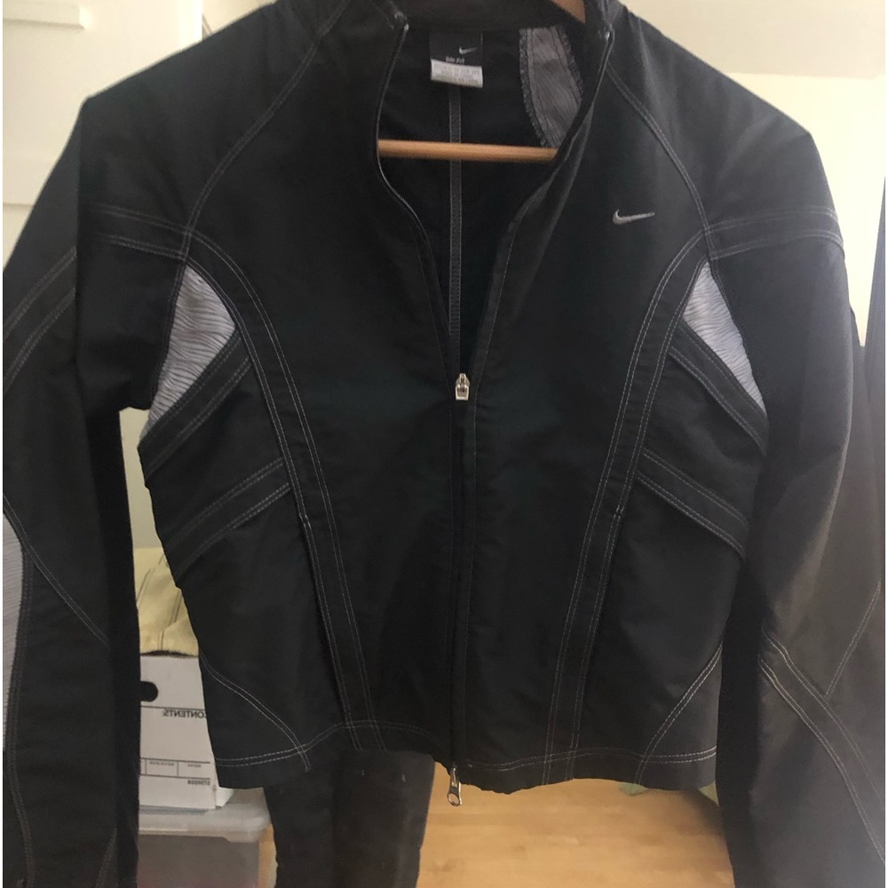 Vintage Nike Jacket Womens Black With Gray combo Swoosh Logo Embroidered